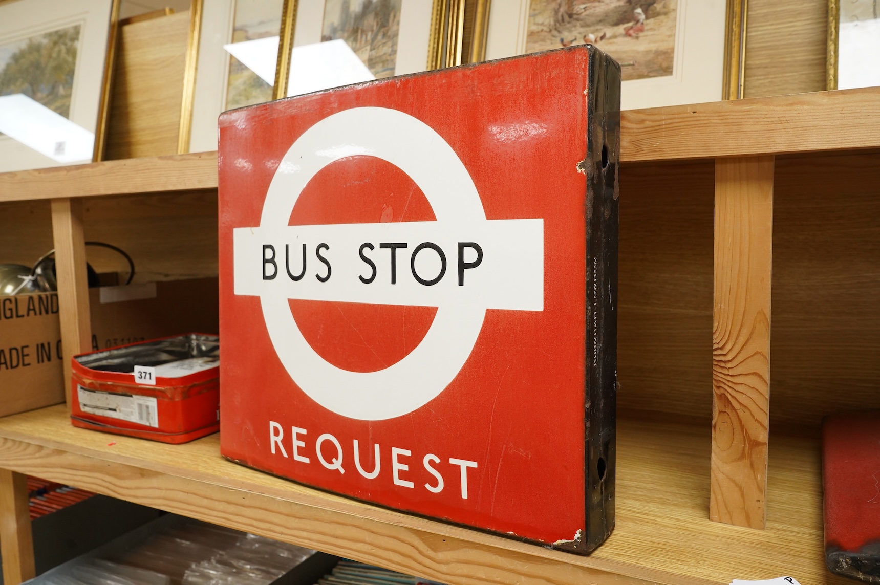 A London Transport double sided enamel Bus Stop Request sign, applied serial number underneath; 24600, and stencil makers mark to the side; Burnham - London